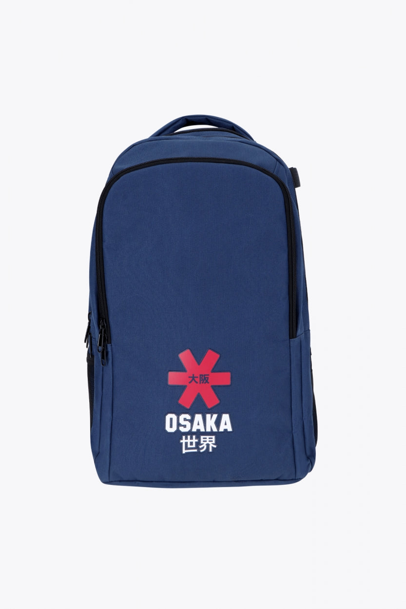 Osaka sports backpack in navy with logo in white and red. Front view