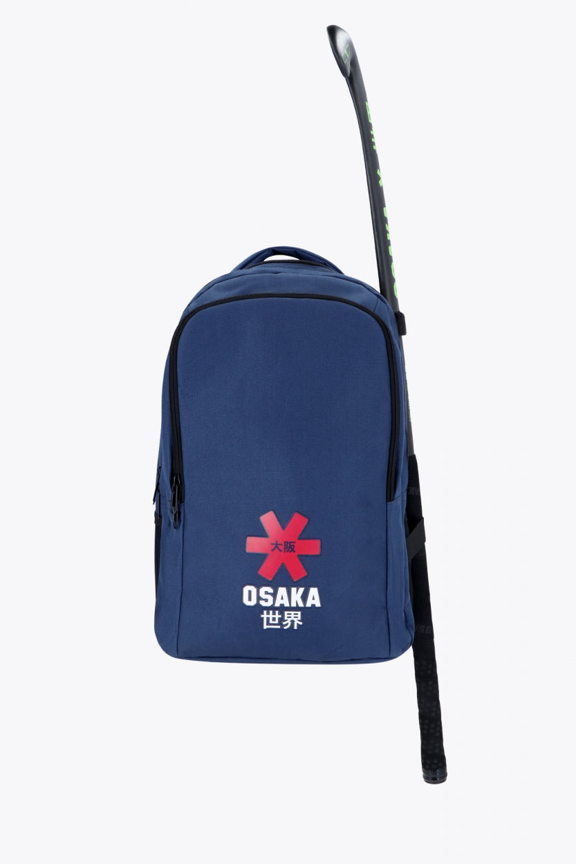 Osaka sports backpack in navy with logo in white and red. Front view