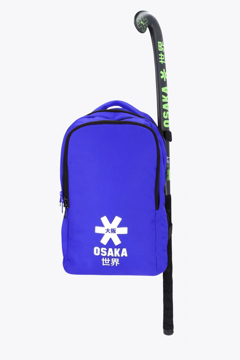 Osaka sports backpack in blue with logo in white. Front view