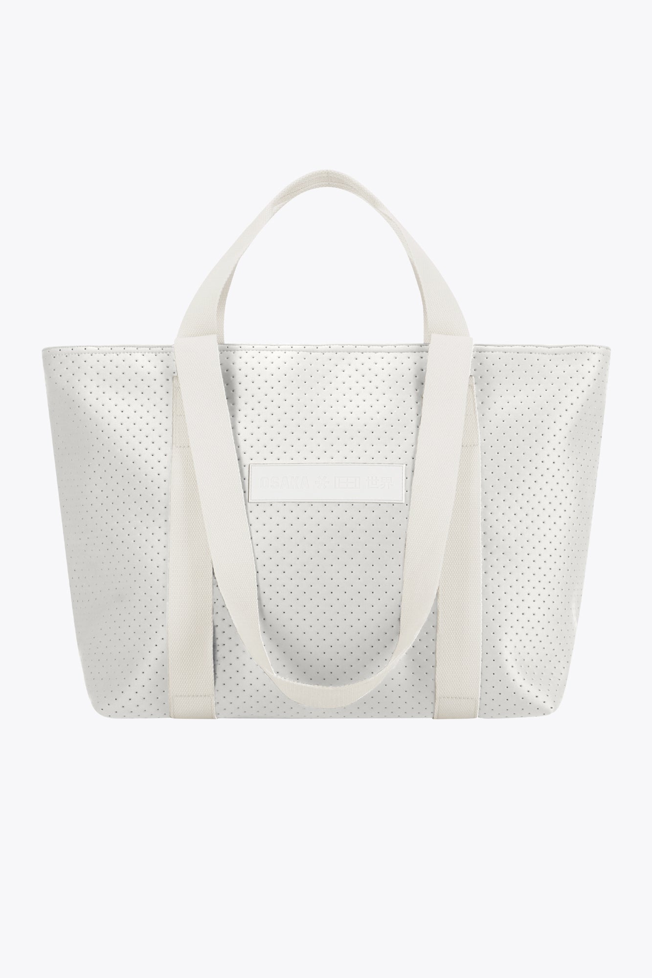 Osaka neoprene Tote bag in light grey with structure and logo in white. Front view