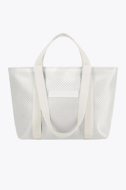 Osaka neoprene Tote bag in light grey with structure and logo in white. Front view