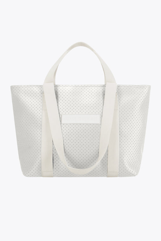 Osaka neoprene Tote bag in light grey with structure and logo in white. Front view