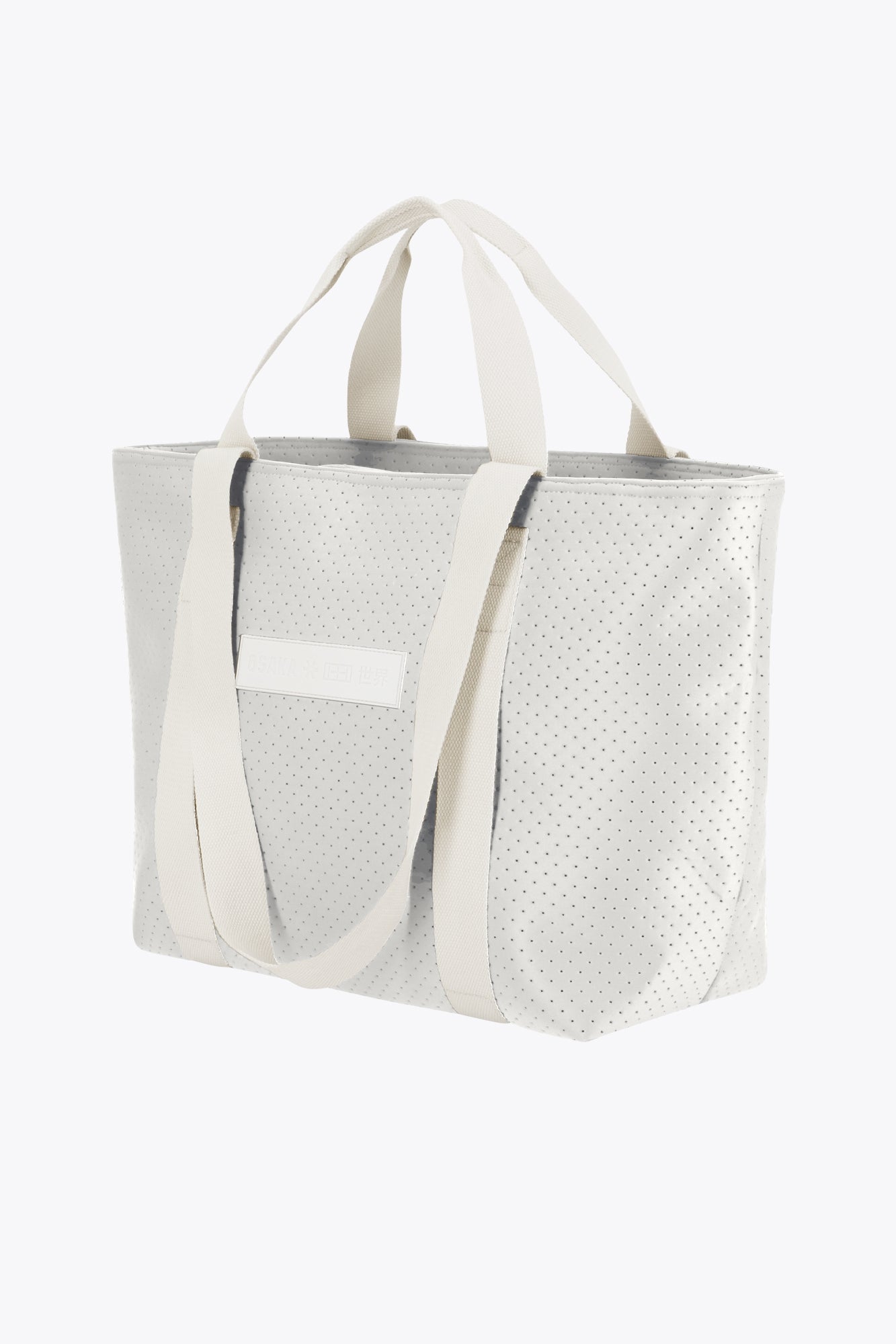 Osaka neoprene Tote bag in light grey with structure and logo in white. Front view