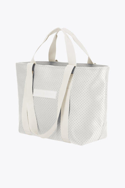 Osaka neoprene Tote bag in light grey with structure and logo in white. Front view