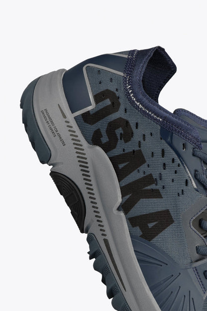 Osaka footwear Ido Mk1 in french navy with logo in black. Detail logo view