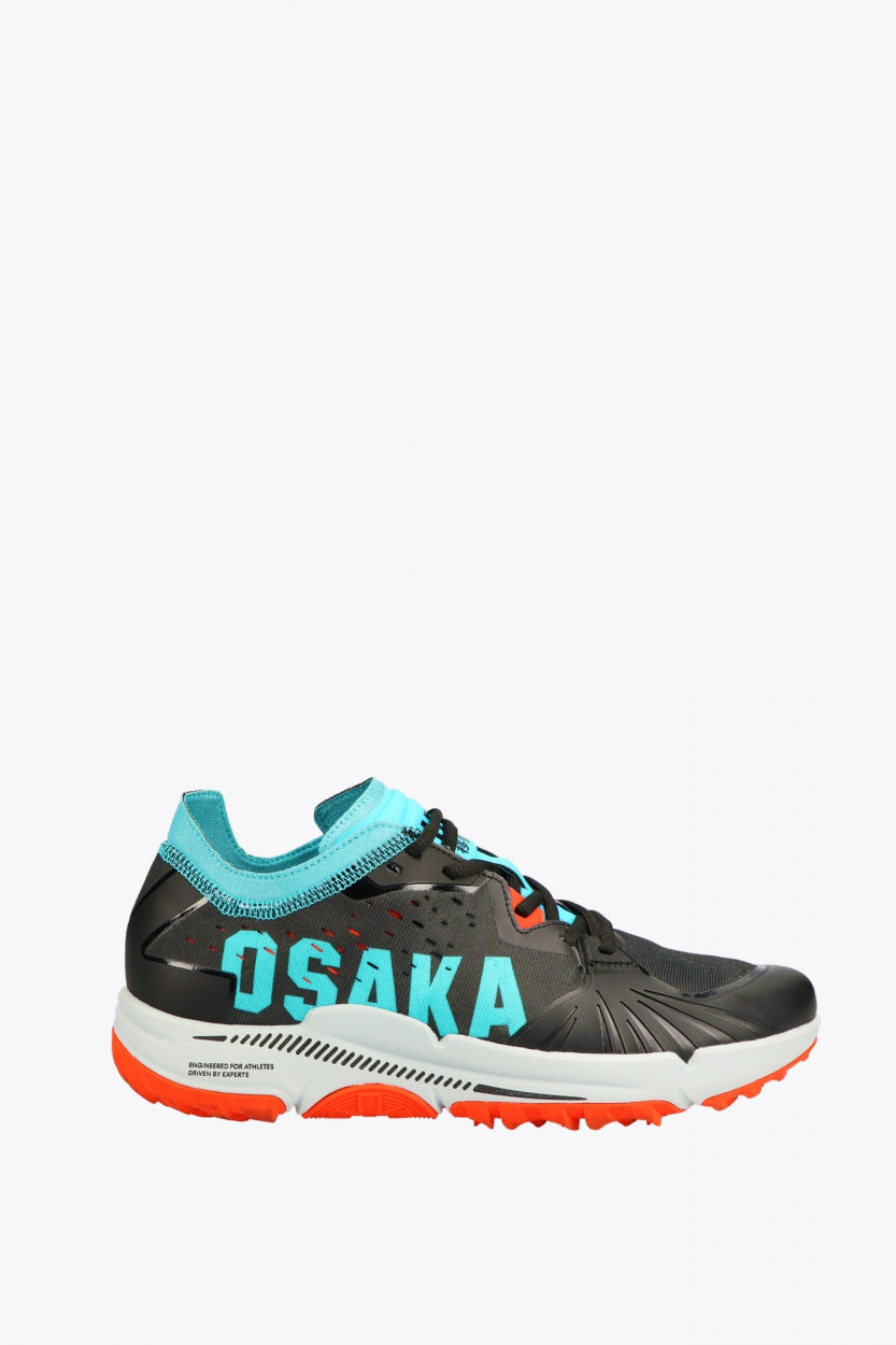 Osaka footwear Ido Mk1 in black and aqua blue with logo in aqua blue. Side view