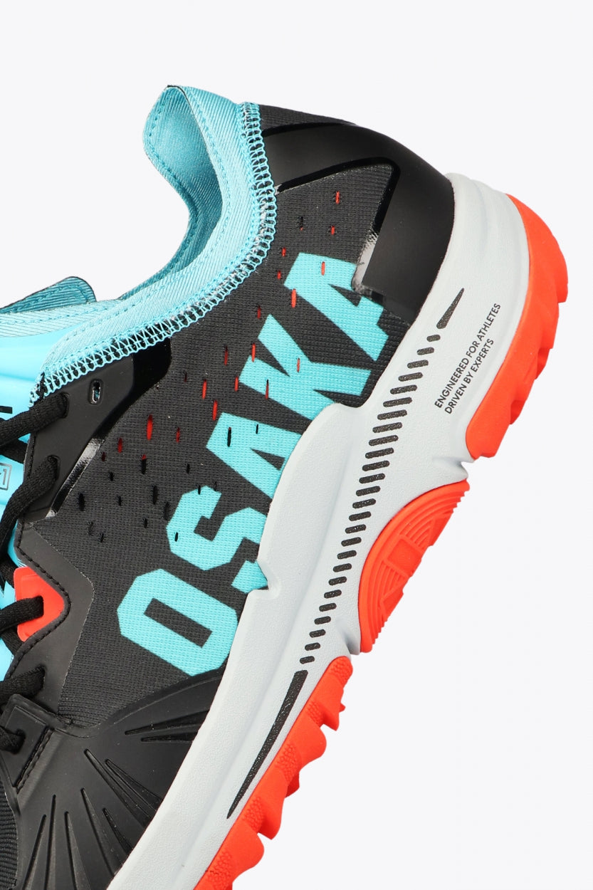 Osaka footwear Ido Mk1 in black and aqua blue with logo in aqua blue. Detail logo view