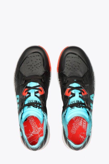 Osaka footwear Ido Mk1 in black and aqua blue with logo in aqua blue. From above view