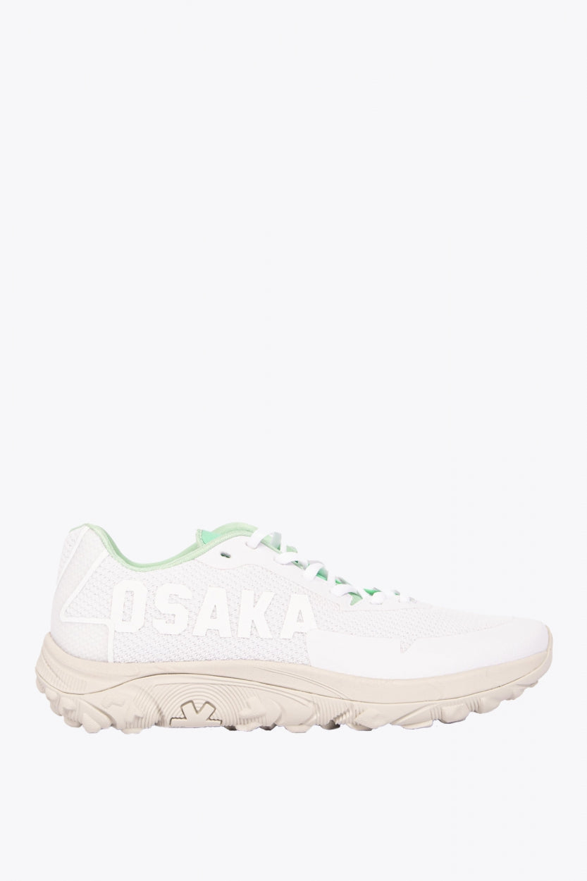 Osaka footwear Kai Mk1 in white with logo in white. Side view