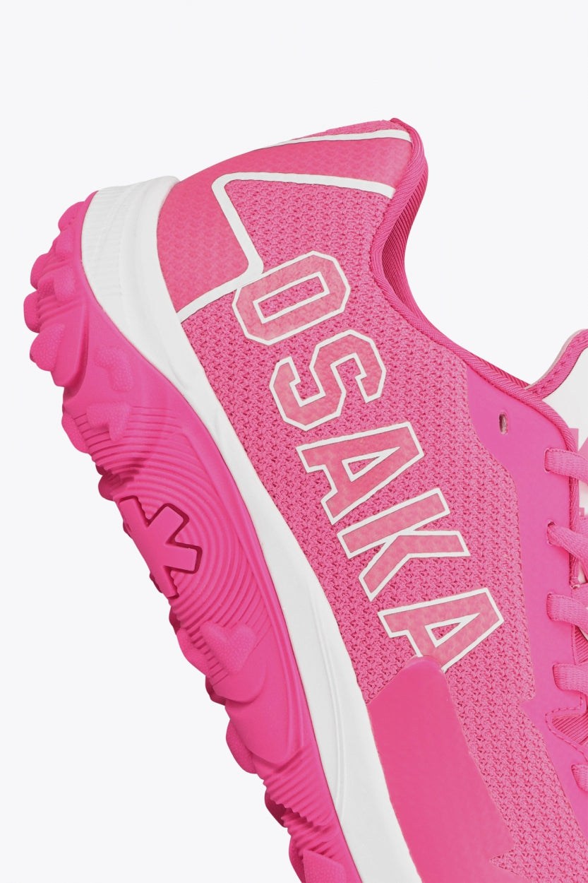 Osaka footwear Kai Mk1 in pink with logo. Detail logo view