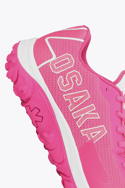 Osaka footwear Kai Mk1 in pink with logo. Detail logo view
