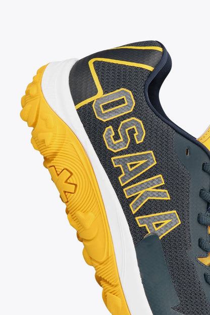 Osaka footwear Kai Mk1 in french navy and honey comb with logo. Detail logo view