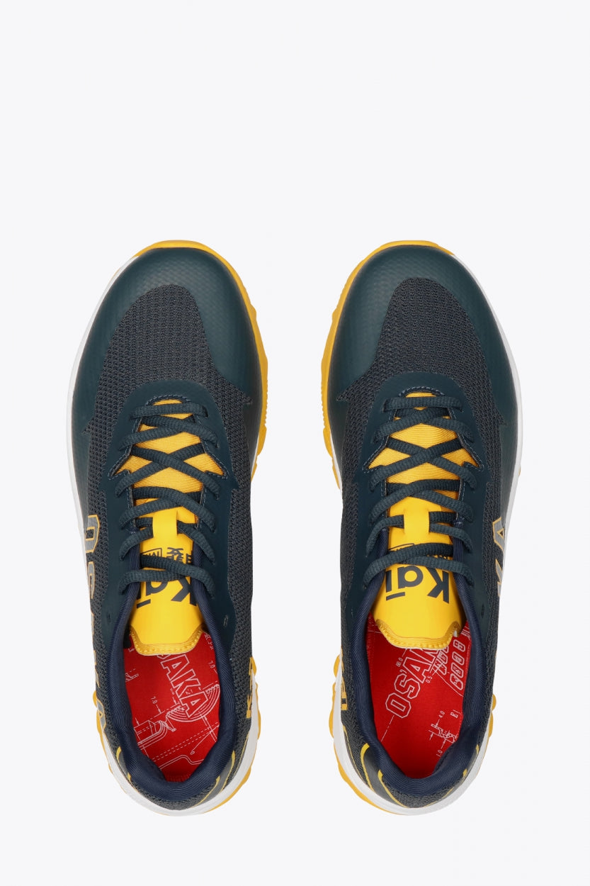 Osaka footwear Kai Mk1 in french navy and honey comb with logo. From above view