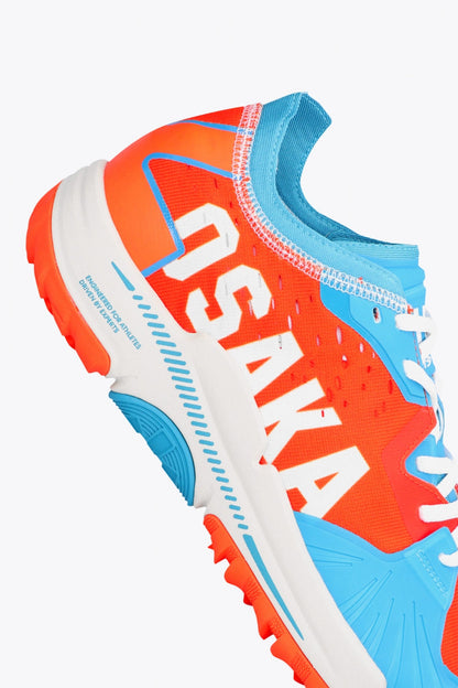 Osaka footwear Ido Mk1 in orange and blue with logo in white. Detail logo view
