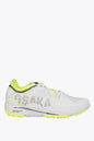 Osaka footwear Ido Mk1 in white and yellow with logo in grey. Side view