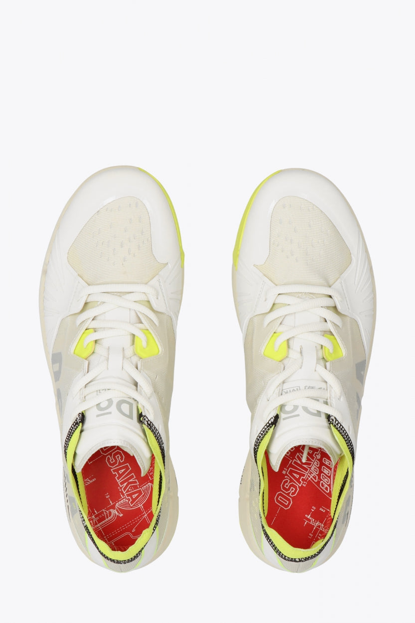 Osaka footwear Ido Mk1 in white and yellow with logo in grey. From above view