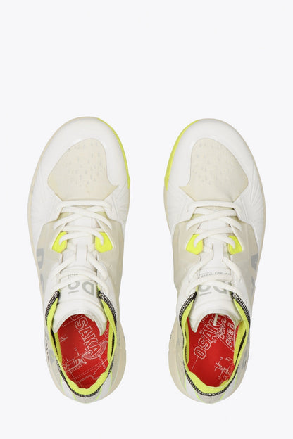 Osaka footwear Ido Mk1 in white and yellow with logo in grey. From above view