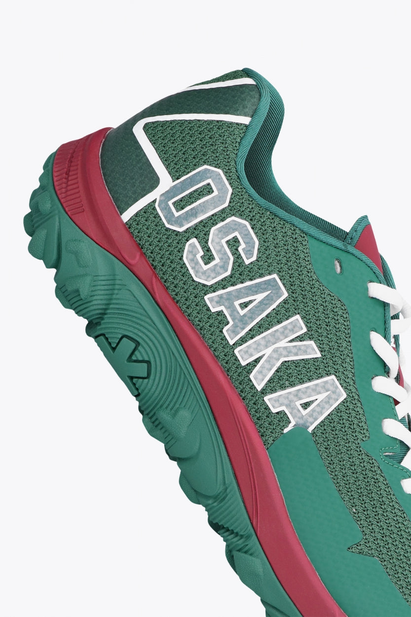 Osaka footwear Kai Mk1 in green maroon with logo. Detail logo view