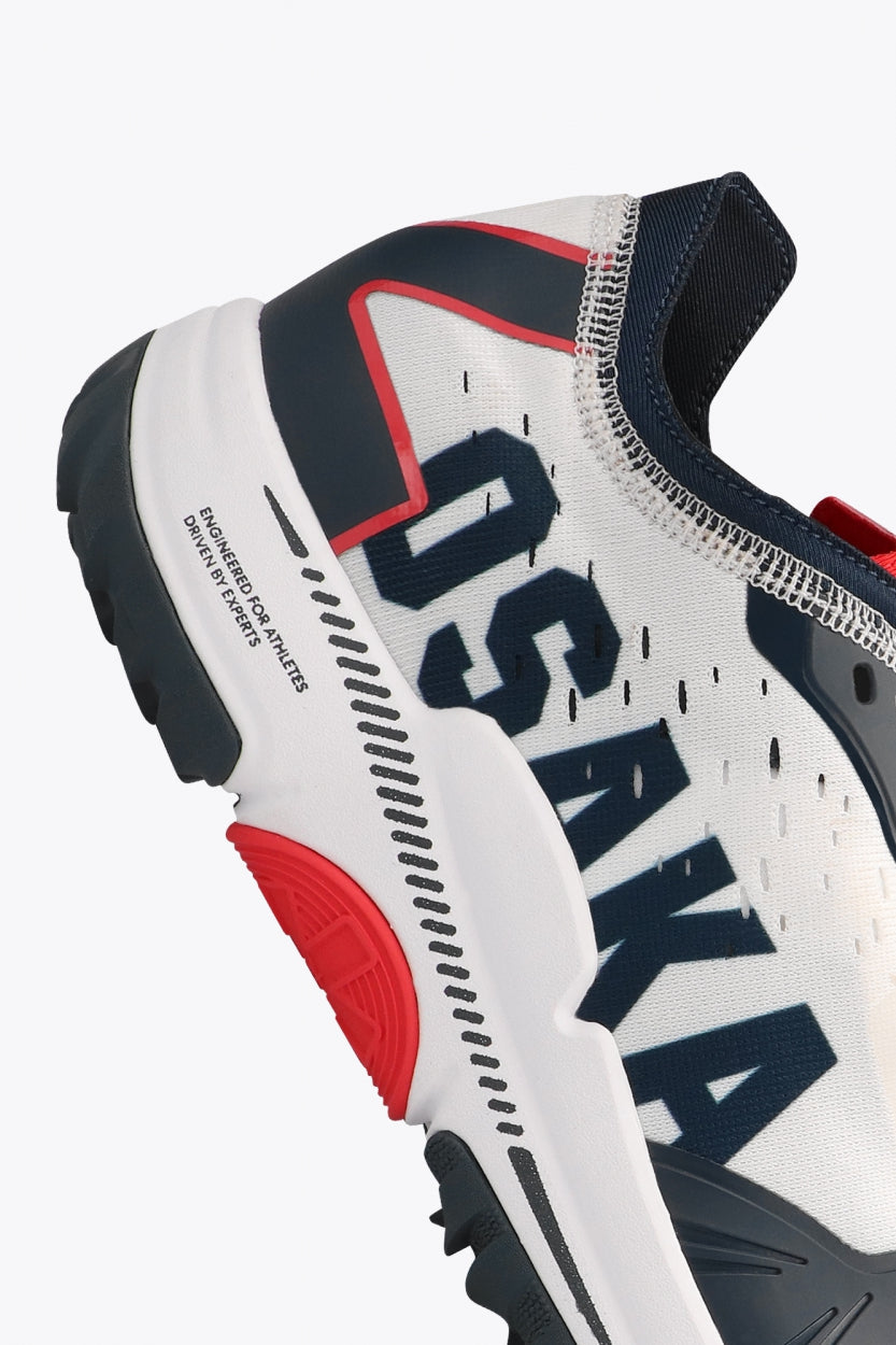 Osaka footwear Ido Mk1 in white and navy with logo in navy. Detail logo view