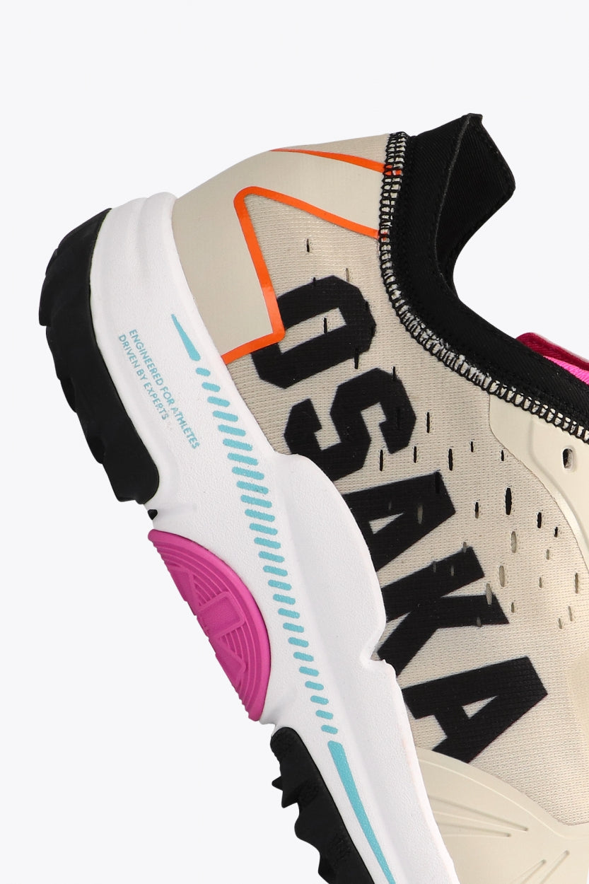 Osaka footwear Ido Mk1 in off white multicolor with logo in black. Detail logo view