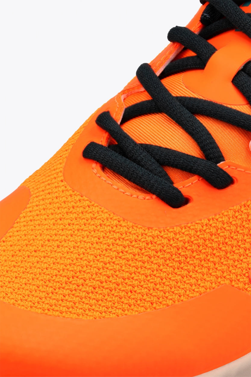 Osaka footwear Kai Mk1 in orange with logo in blue. Detail shoelace view
