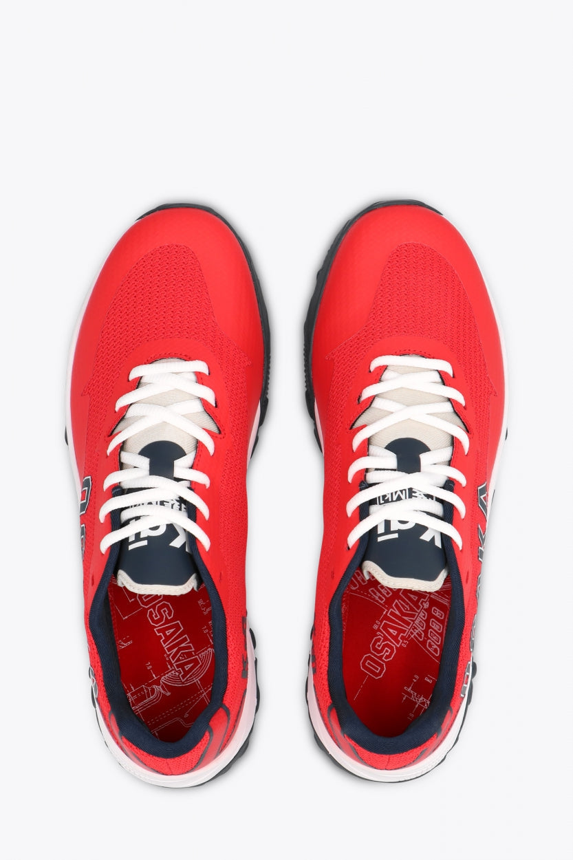 Osaka footwear Kai Mk1 in red with logo in navy. From above view