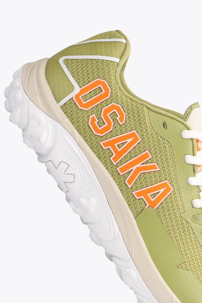 Osaka footwear Kai Mk1 in olive with logo in orange. Detail logo view