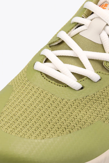 Osaka footwear Kai Mk1 in olive with logo in orange. Detail shoelace view