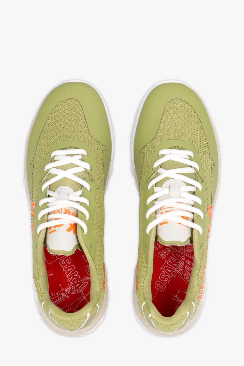 Osaka footwear Kai Mk1 in olive with logo in orange. From above view