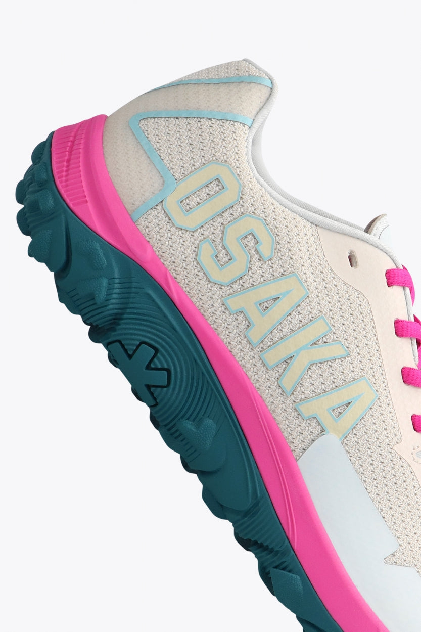 Osaka footwear Kai Mk1 in light grey, sky blue and pink with logo. Side view