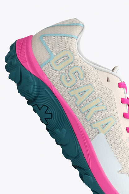 Osaka footwear Kai Mk1 in light grey, sky blue and pink with logo. Side view