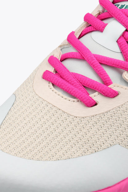 Osaka footwear Kai Mk1 in light grey, sky blue and pink with logo. Detail shoelace view