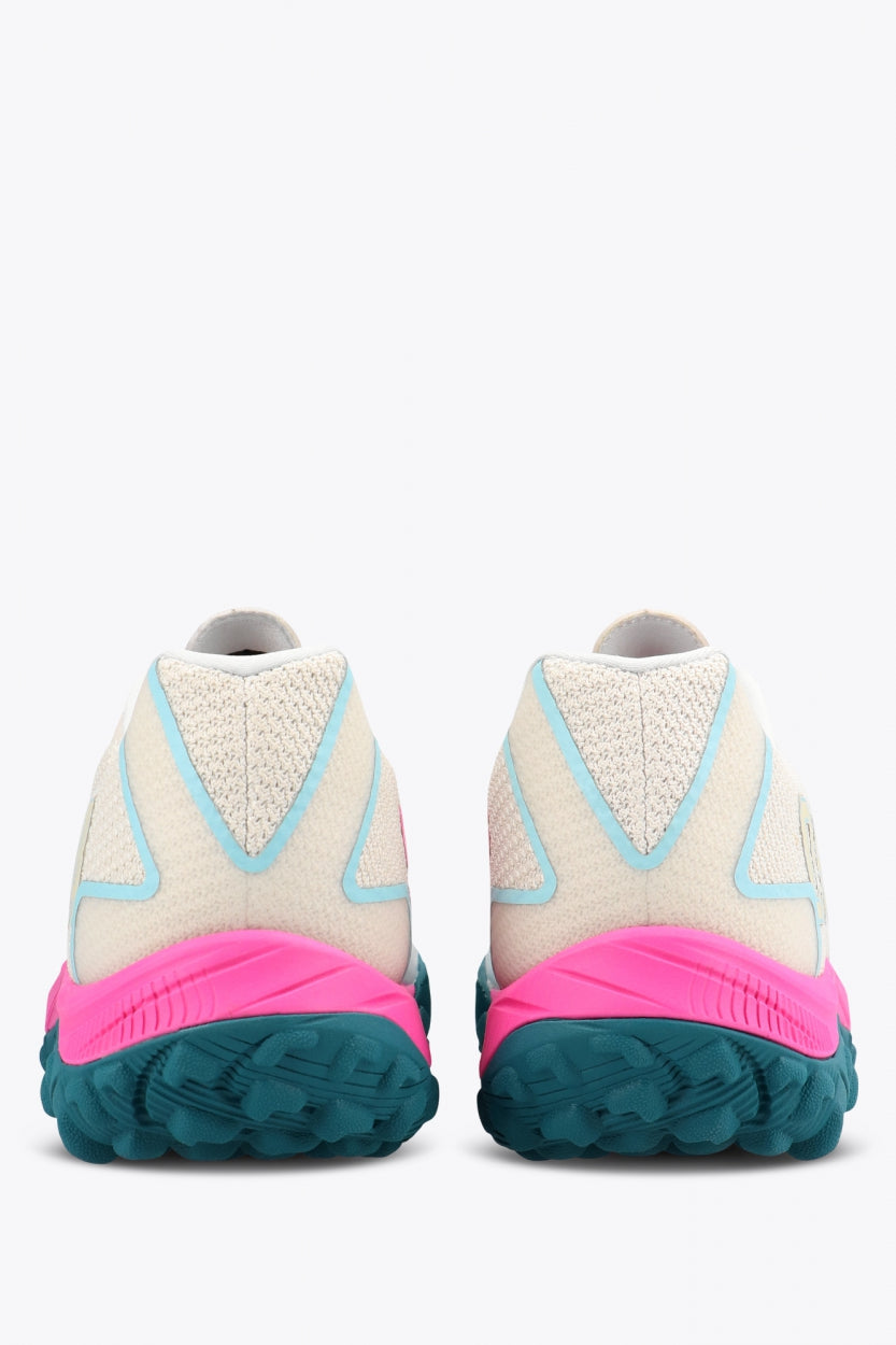 Osaka footwear Kai Mk1 in light grey, sky blue and pink with logo. Back view