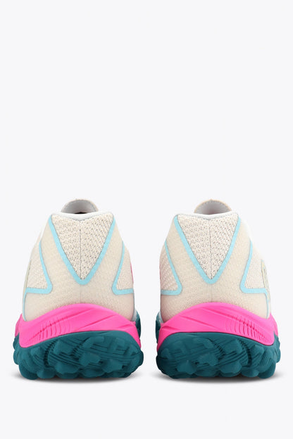 Osaka footwear Kai Mk1 in light grey, sky blue and pink with logo. Back view