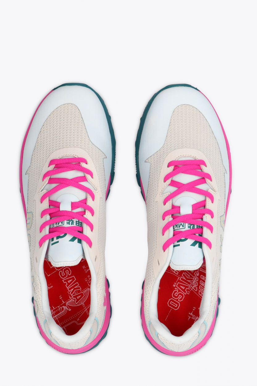 Osaka footwear Kai Mk1 in light grey, sky blue and pink with logo. From above view