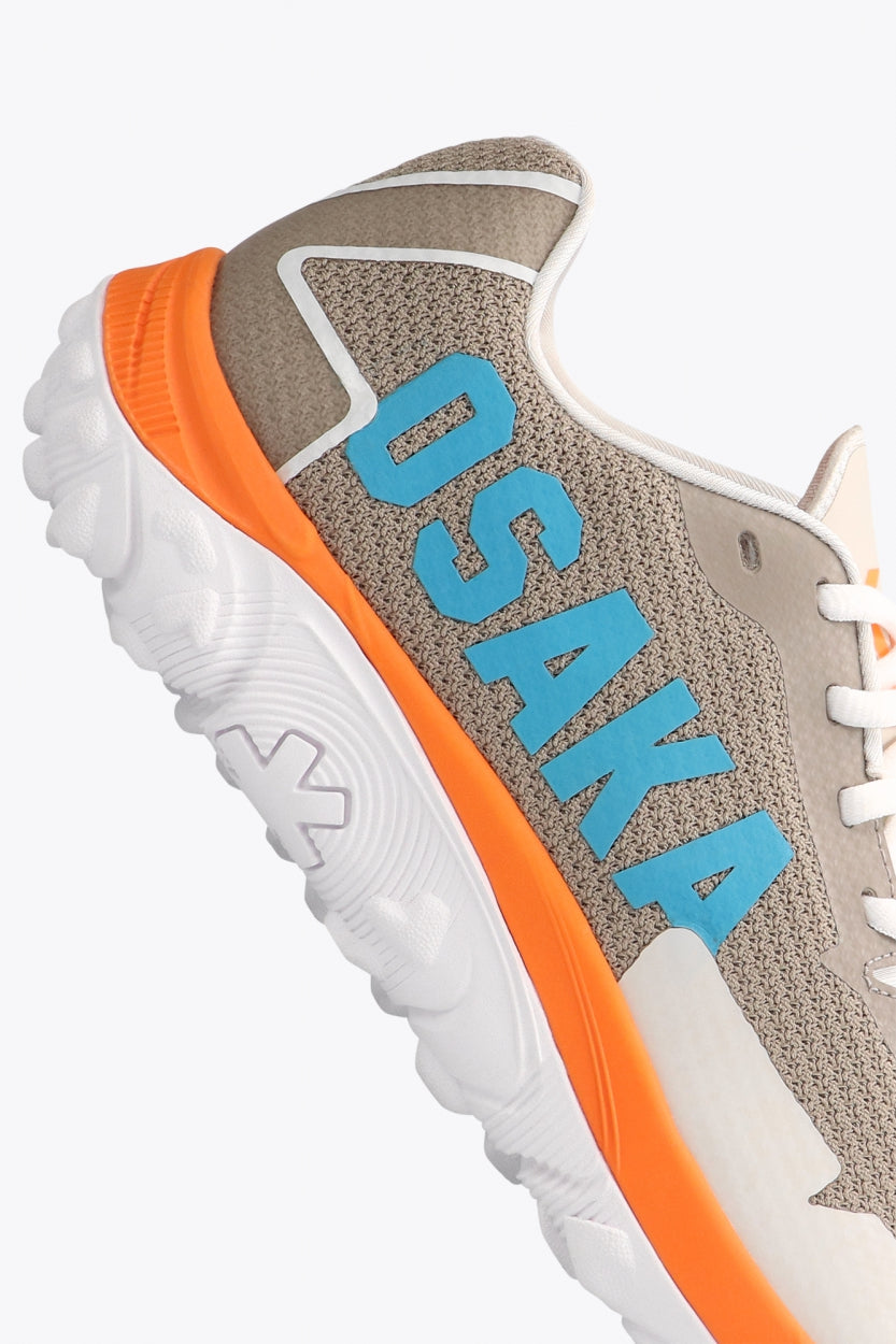 Osaka footwear Kai Mk1 in grey holographic with logo in blue. Detail logo view