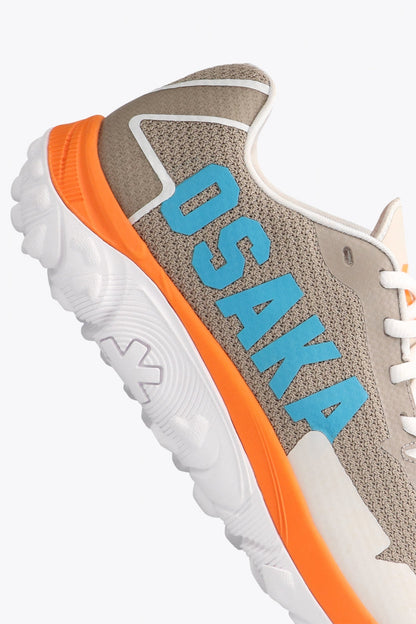Osaka footwear Kai Mk1 in grey holographic with logo in blue. Detail logo view