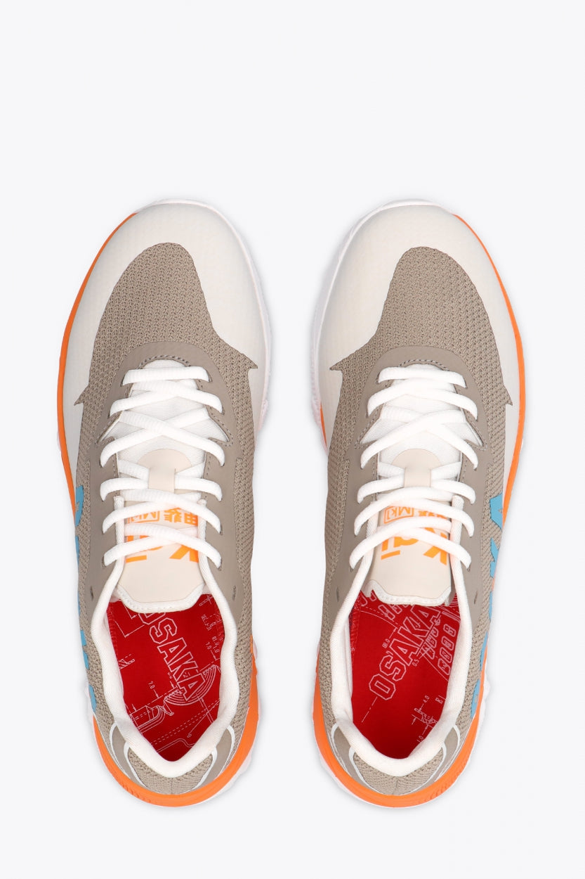 Osaka footwear Kai Mk1 in grey holographic with logo in blue. From above view