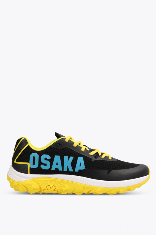 Osaka footwear Kai Mk1 in black and yellow with logo in blue. Side view