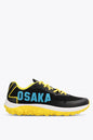 Osaka footwear Kai Mk1 in black and yellow with logo in blue. Side view