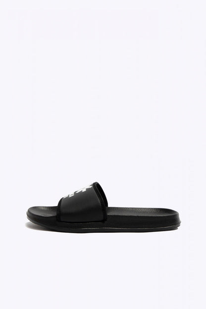 Osaka slippers black with logo in white. Side view