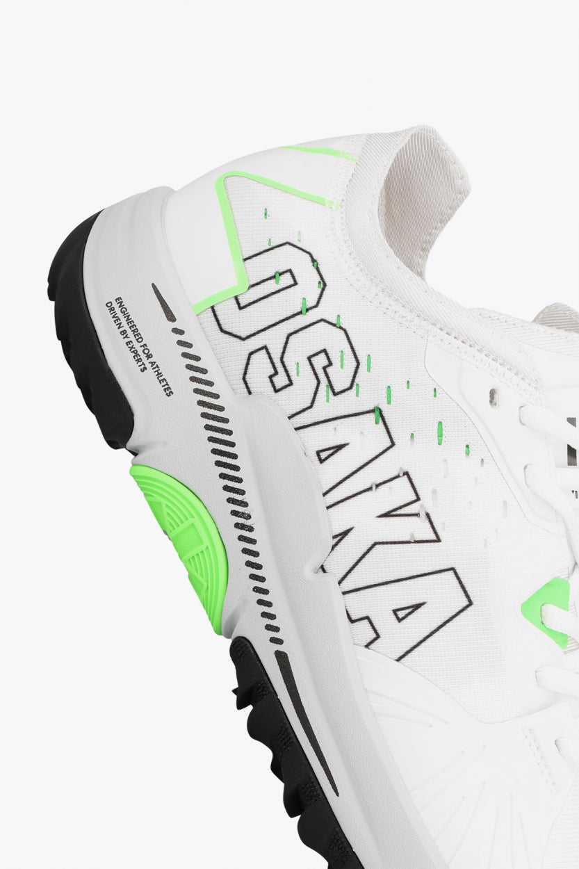 Osaka footwear Ido Mk1 in white and green with logo in white. Detail logo view