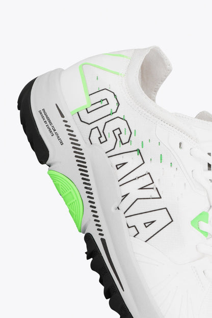 Osaka footwear Ido Mk1 in white and green with logo in white. Detail logo view