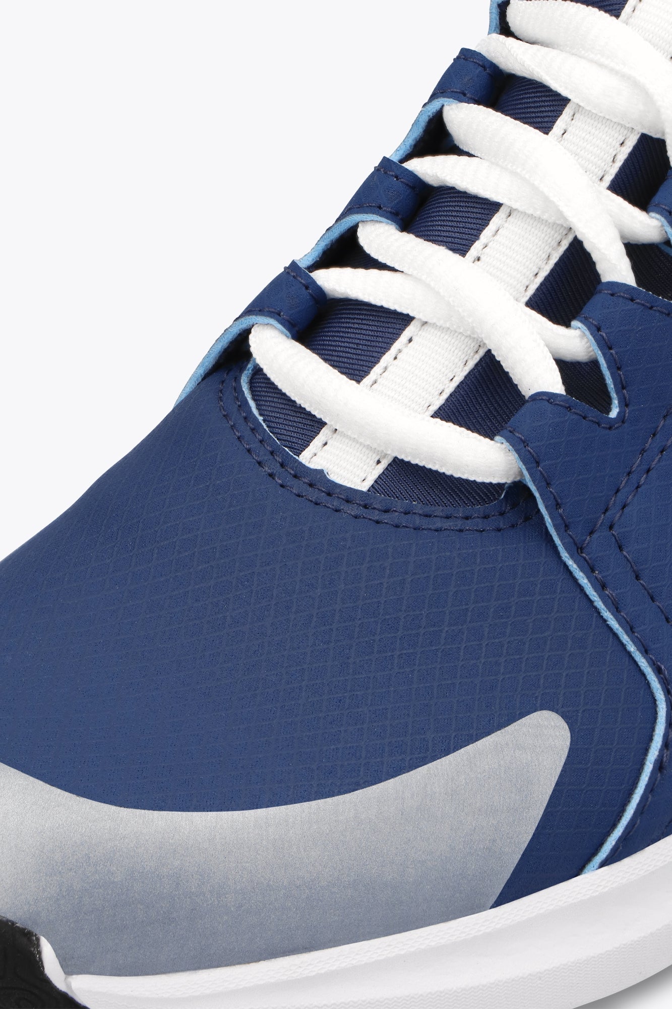 Osaka kids footwear in estate blue with logo in white. Detail shoelace view