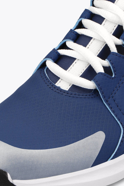 Osaka kids footwear in estate blue with logo in white. Detail shoelace view