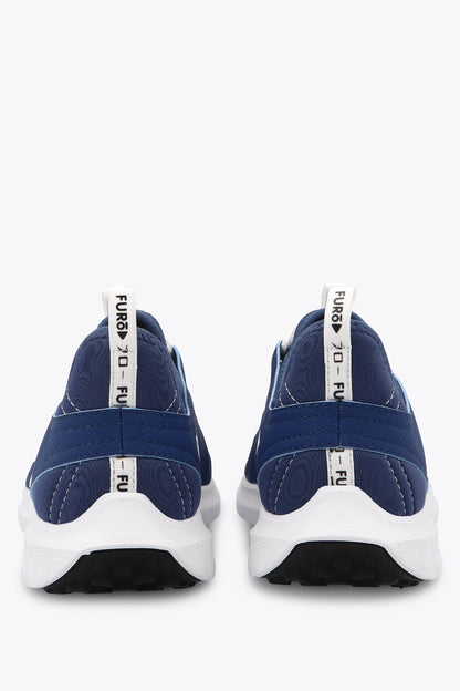 Osaka kids footwear in estate blue with logo in white. Back view