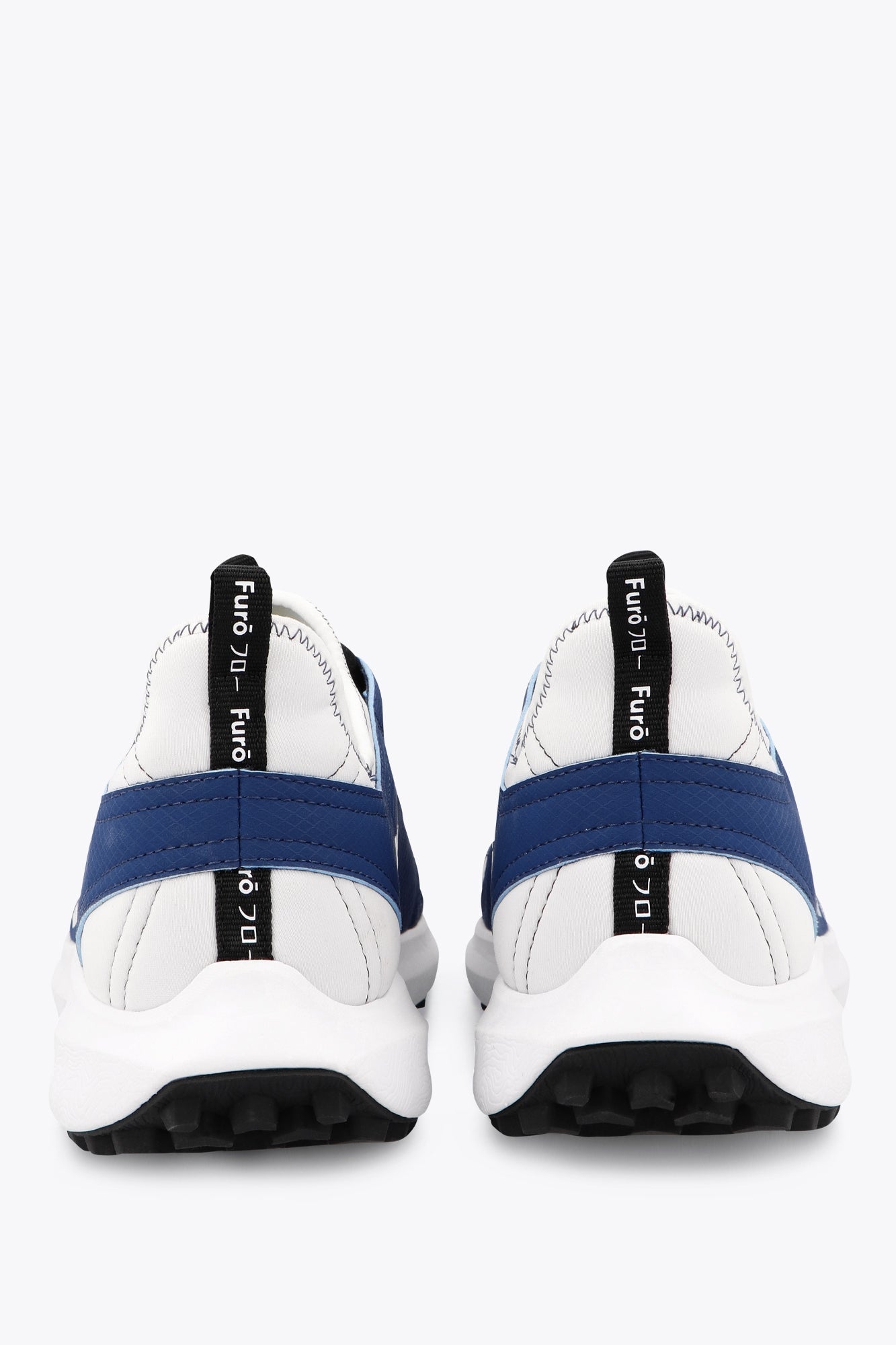 Osaka footwear Furo in blue and white with logo in white. Back view