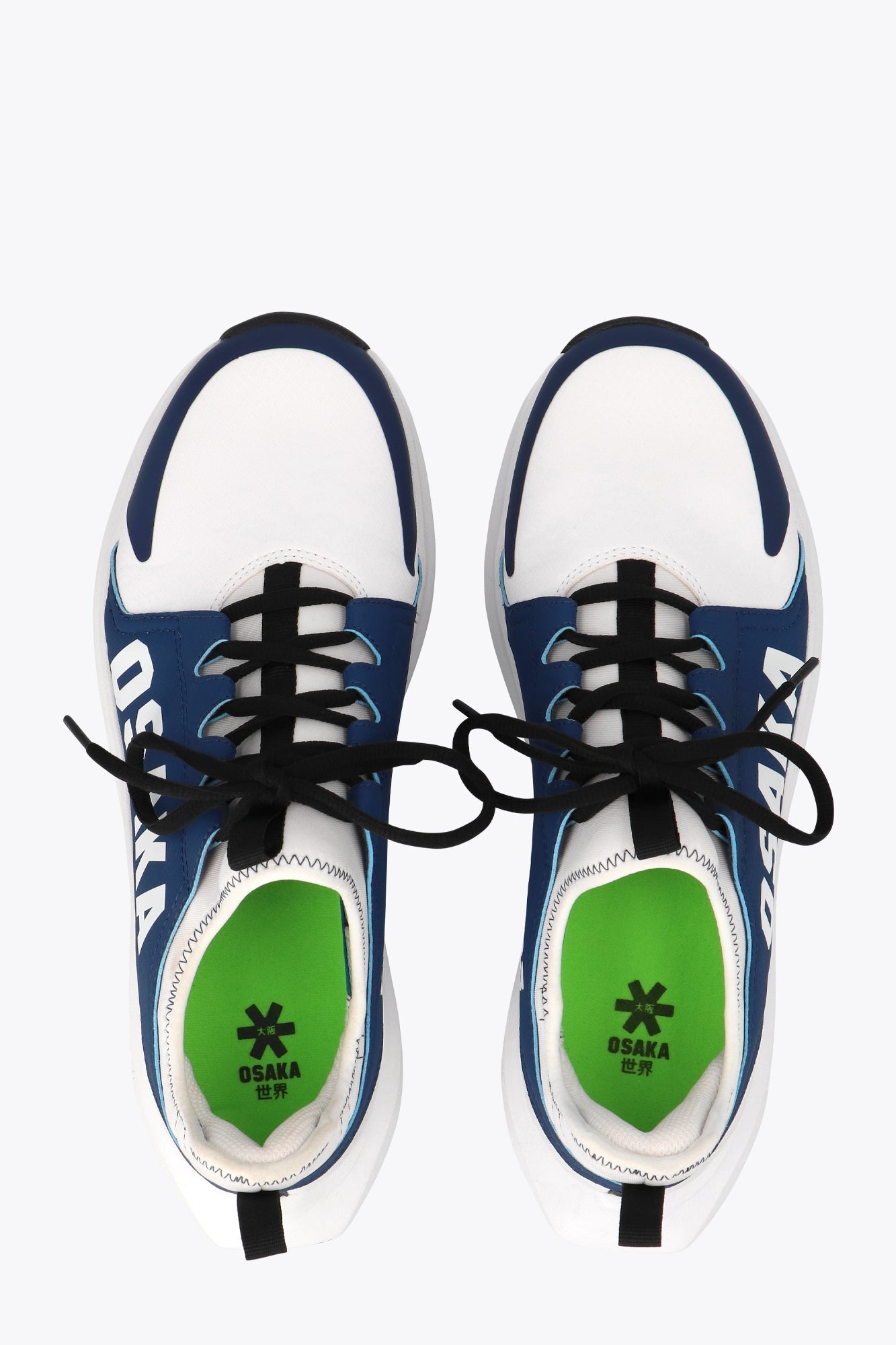 Osaka footwear Furo in blue and white with logo in white. From above view