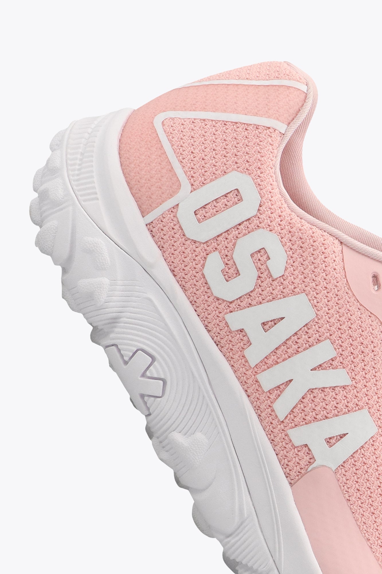 Osaka footwear Kai Mk1 in pastel pink with logo in white. Detail logo view
