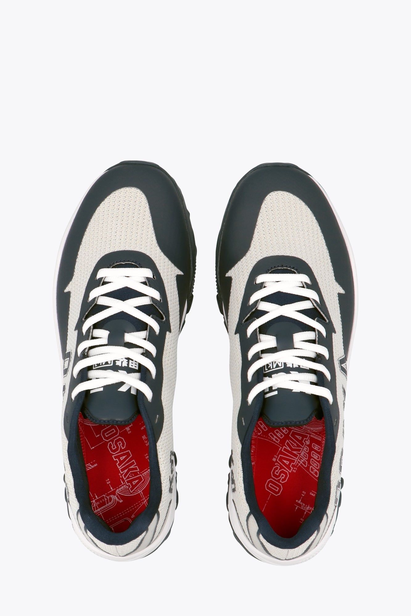 Osaka footwear Kai Mk1 in grey navy with logo in navy. From above view